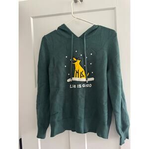 LIFE IS GOOD Green Hooded Knit Sweater-Winter Dog Applique-Long Sleeves-Medium
